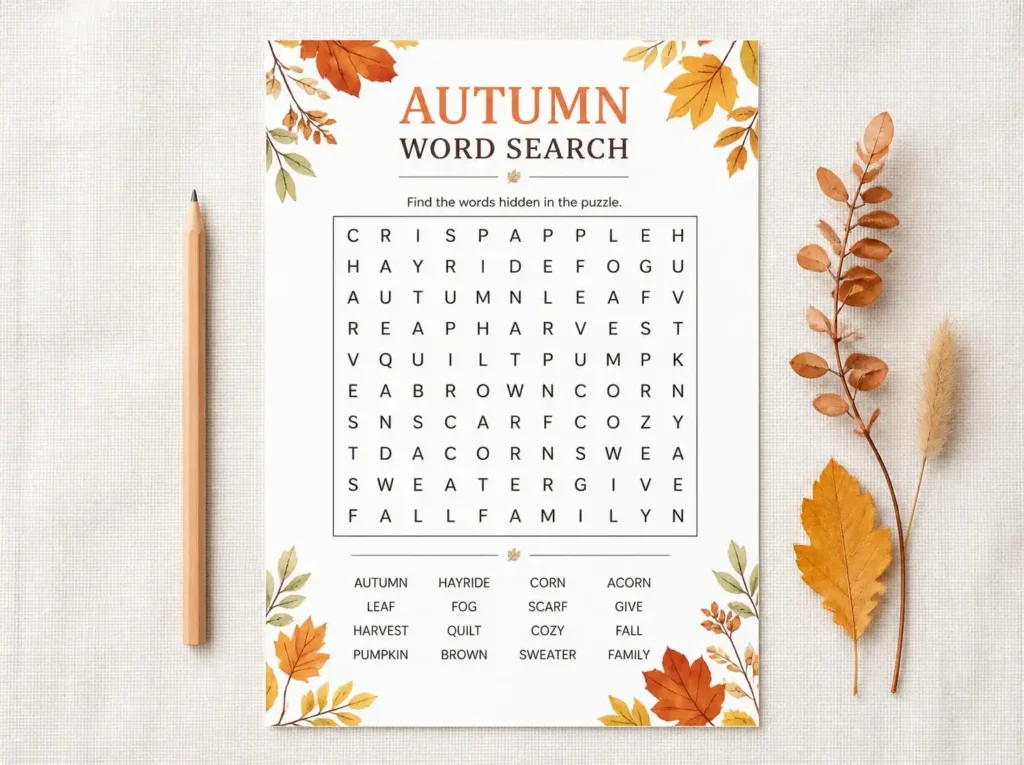 Cozy Autumn Word Search 50 Large Print Fall Puzzle Pages for Adults & Seniors (Printable PDF)