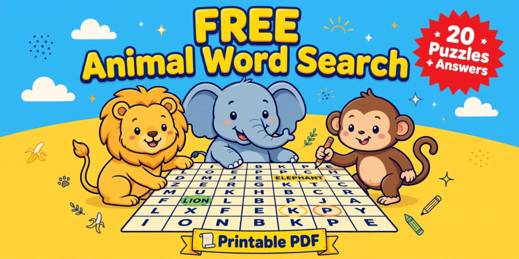 Free printable animal word search for kids