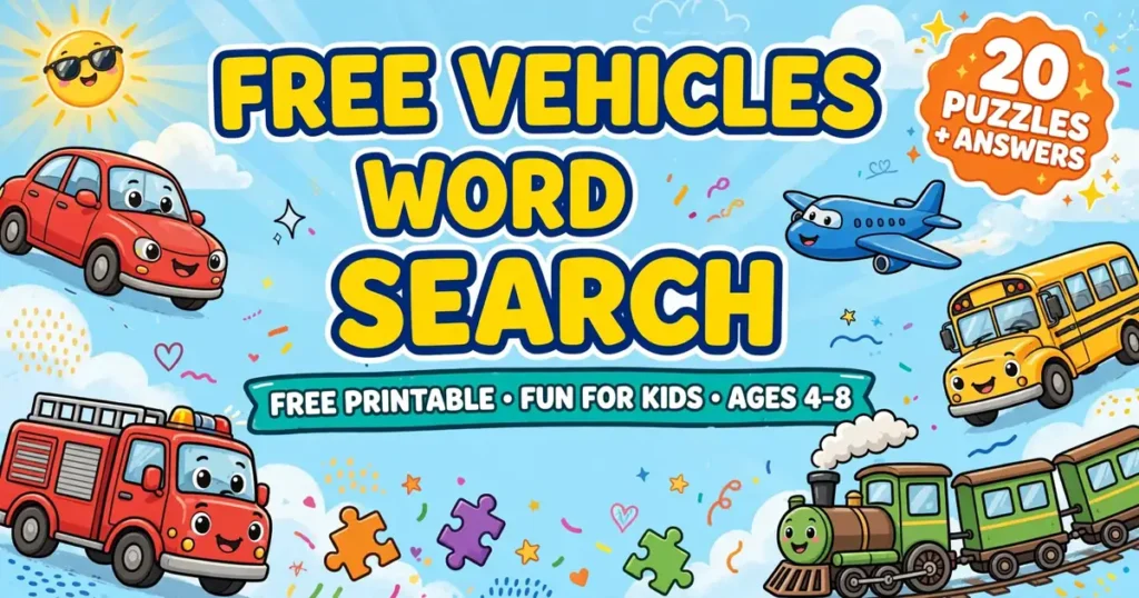 Free printable vehicles word search for kids